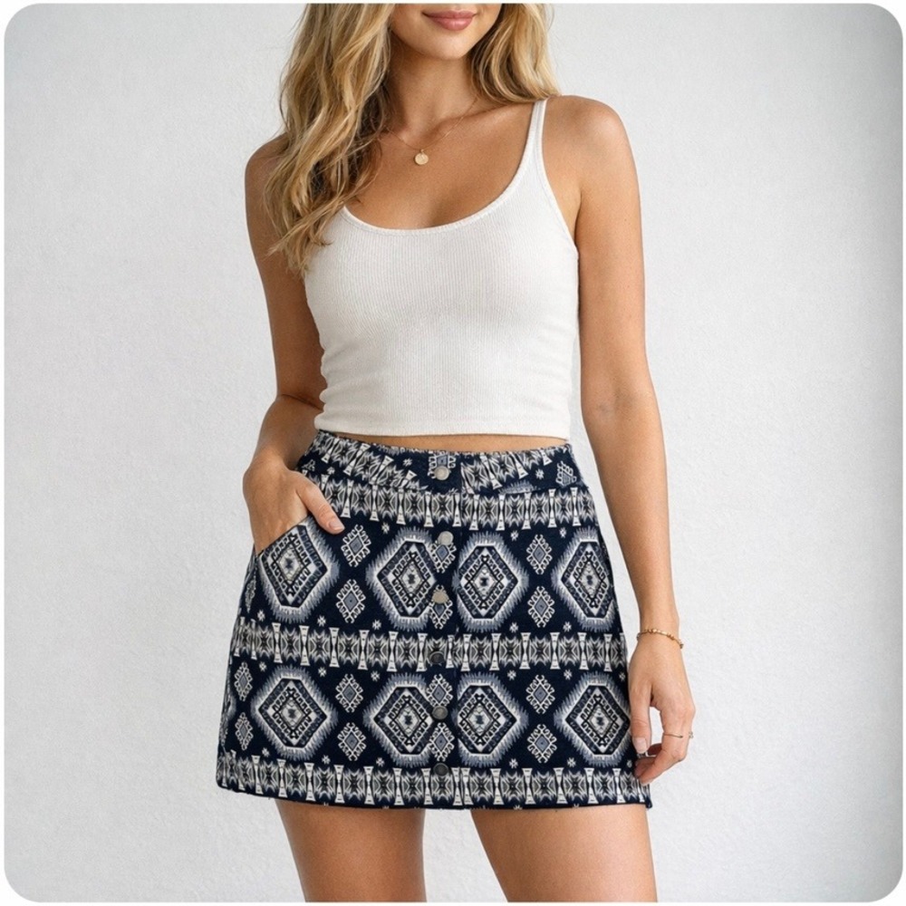Simons‎ Twik Blue Geometric Jacquard Snap Front Mini Skirt Sz S